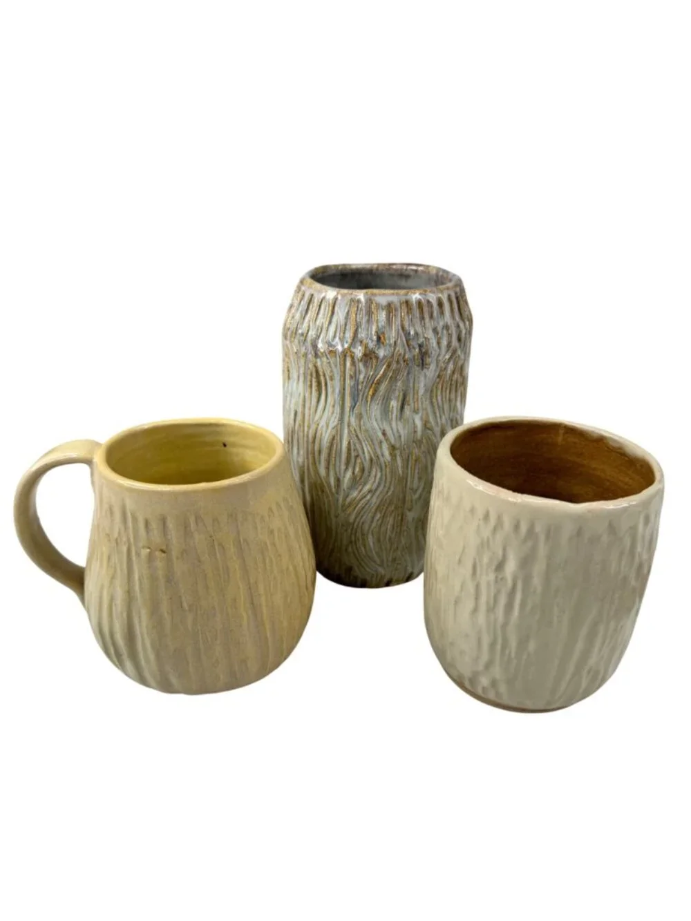 Andrea Art Pottery Handcrafted Ceramic Vase Cups Textured Neutral Glaze Set Of 3 - Picture 9 of 11